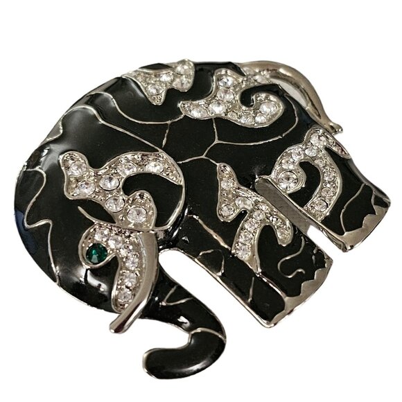 Black Enamel Clear Rhinestone Silver Tone Elephant Brooch L138 - Picture 3 of 8